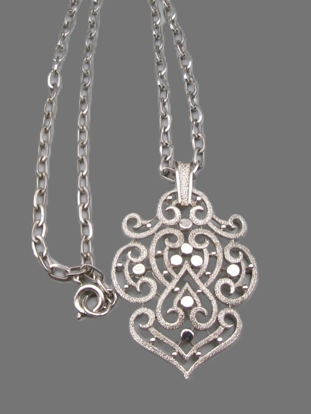 Crown Trifari Silver Filigree Scrolls Pendant Necklace, Vintage Designer